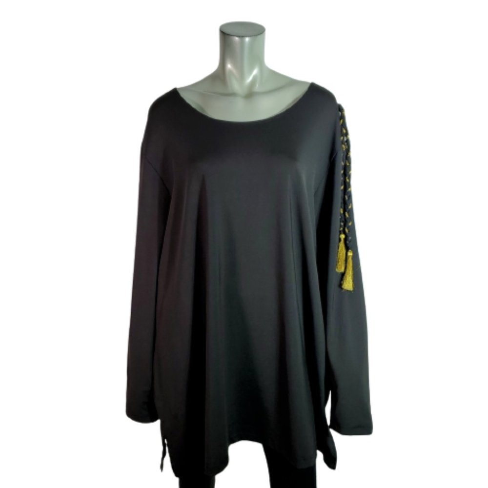 Anthony Womens Top Plus Size 3X Tunic‎ Gold Tassel Side Slits Stretch Black